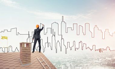 Mühendis adam çizim modern şehir