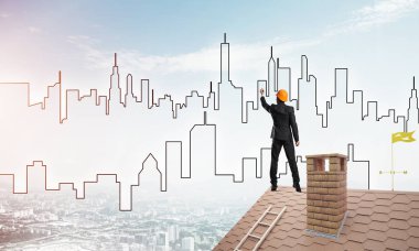 adam evin çatı ve çizim şehir 