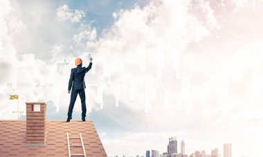 adam evin çatı ve çizim şehir 