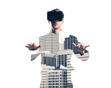 Sanal gerçeklik kulaklığı olan adam.