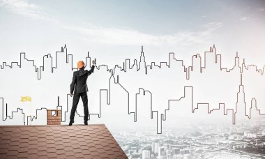 adam evin çatı ve çizim şehir 