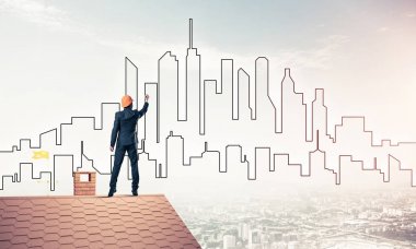 adam evin çatı ve çizim şehir 