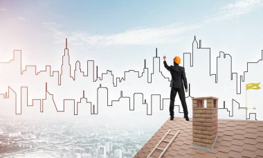 adam evin çatı ve çizim şehir 