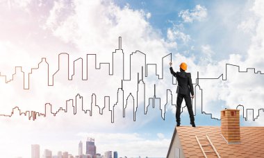 adam evin çatı ve çizim şehir 