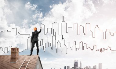 adam evin çatı ve çizim şehir 