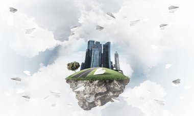 Cityscape gökyüzünde yüzen adada