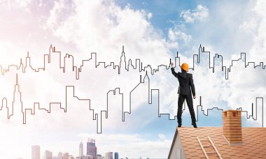 adam evin çatı ve çizim şehir 