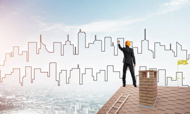 adam evin çatı ve çizim şehir 