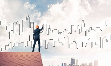 adam evin çatı ve çizim şehir 