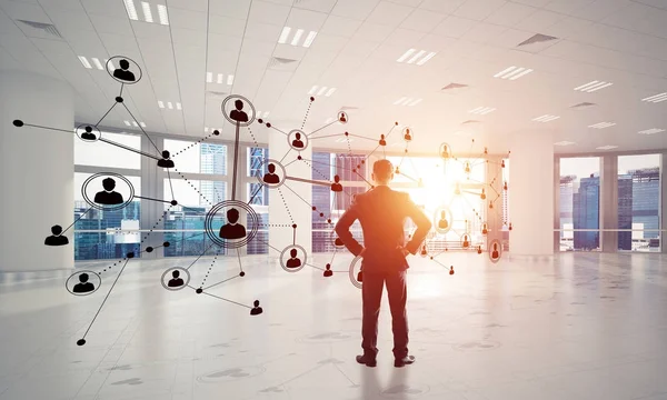 Eleganter Geschäftsmann im 3D-Bürointerieur — Stockfoto