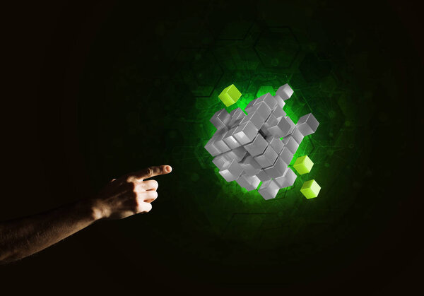  man hand holding cube figure 