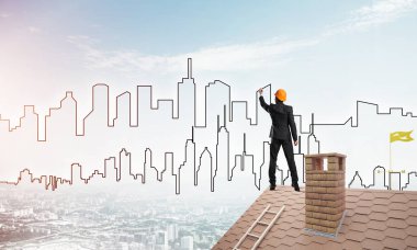 adam evin çatı ve çizim şehir