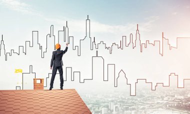 adam evin çatı ve çizim şehir