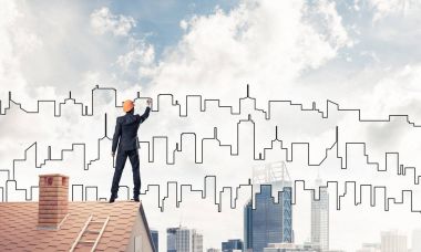 adam evin çatı ve çizim şehir