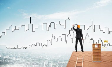 adam evin çatı ve çizim şehir