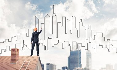 adam evin çatı ve çizim şehir