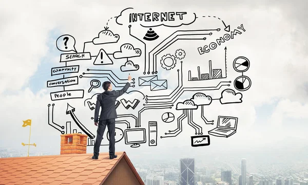 adam çatıda iş planı çizimi