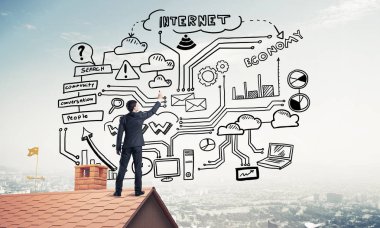 adam çatıda iş planı çizimi