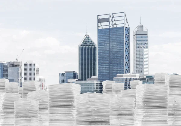 Piles of documents with cityscape — Stock Photo, Image