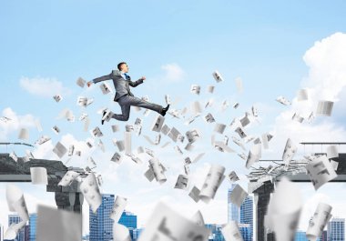 3d render sembol üstesinden, meydan okuyor gibi beton köprü kağıt belgeleri uçan ile gap üstünden atlayarak işadamı 