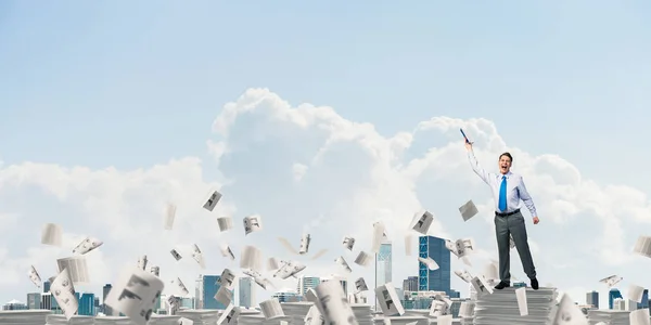 Businessman Keeping Hand Book While Standing Flying Paper Documents Cloudly — Stock Photo, Image