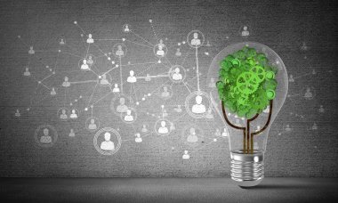 Sosyal ağ sistemi gri duvara kabataslak karşı ampul ile vites ağaçtan yerleştirilir. 3D render