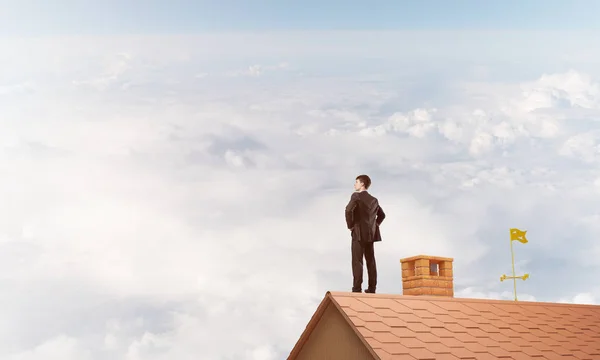 businessman standing on house roof