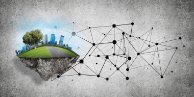 Çim ve beton zemin, modern ağ teknolojileri ve eko yeşil inşaat kavramı üzerine cityscape güzel küçük ada