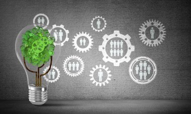 Gri duvara kabataslak sosyal dişli yapısına karşı ampul ile vites ağaçtan yerleştirilir. 3D render