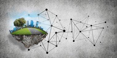 Çim ve beton zemin, modern ağ teknolojileri ve eko yeşil inşaat kavramı üzerine cityscape güzel küçük ada