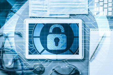 Doktor çalışma alanı tıp araçları ve medya ekranında beyaz tablet pc ve erişim güvenlik kavramı ile