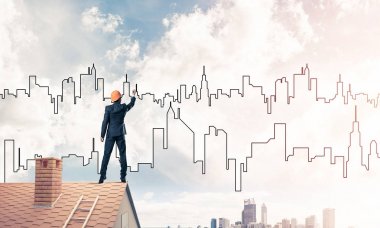 Adam mimar modern şehir silüeti çizmek 