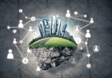 Çim ve beton zemin, modern ağ teknolojileri ve eko yeşil inşaat kavramı üzerine cityscape güzel küçük ada