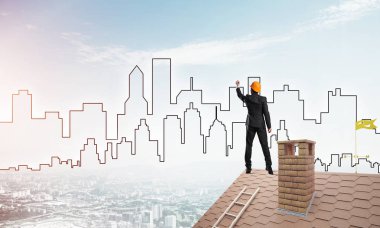 Adam mimar modern şehir silüeti çizmek 