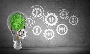 Gri duvara kabataslak sosyal dişli yapısına karşı ampul ile vites ağaçtan yerleştirilir. 3D render