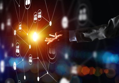 İletişim ve ağ bağlantı çizgileri koyu zemin üzerinde şeklinde aracı olarak modern kablosuz teknolojiler