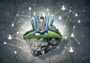 kitap yüzen ada ve bağlantı çizgileri arka plan üzerinde oturan çocukla mutlu çocuk 