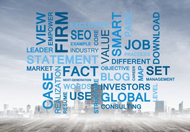 Şehir planında anahtar sözcükler kolajına sahip modern iş kavramı