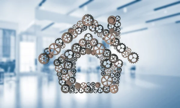 house sign made of connected gears, real estate or construction concept