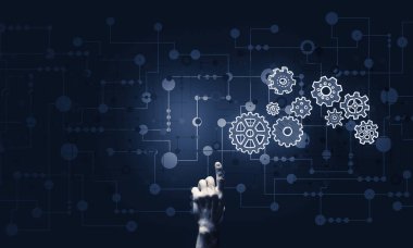 Koyu arka plan üzerinde parlayan dişli mekanizması, parmakla işaret eden işadamı el kapatın 