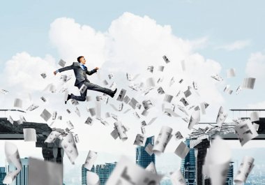 3d render sembol üstesinden, meydan okuyor gibi beton köprü kağıt belgeleri uçan ile gap üstünden atlayarak işadamı 