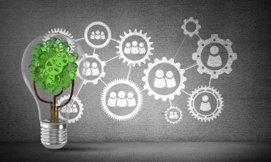 Gri duvara kabataslak sosyal dişli yapısına karşı ampul ile vites ağaçtan yerleştirilir. 3D render