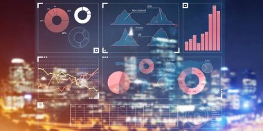 İnfographs ekran ve arka plan, cityscape ile mali danışmanlık ve analiz kavramı