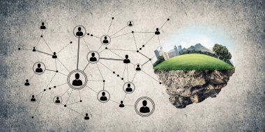 Çim ve beton zemin, modern ağ teknolojileri ve eko yeşil inşaat kavramı üzerine cityscape güzel küçük ada