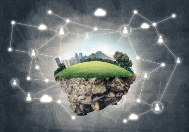 Çim ve beton zemin, modern ağ teknolojileri ve eko yeşil inşaat kavramı üzerine cityscape güzel küçük ada