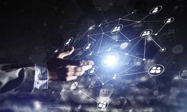 İletişim ve ağ bağlantı çizgileri koyu zemin üzerinde şeklinde aracı olarak modern kablosuz teknolojiler