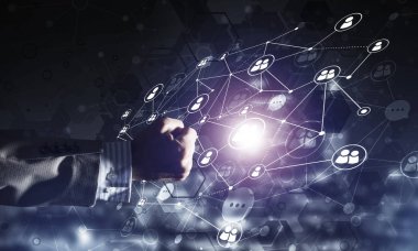 İletişim ve ağ bağlantı çizgileri koyu zemin üzerinde şeklinde aracı olarak modern kablosuz teknolojiler