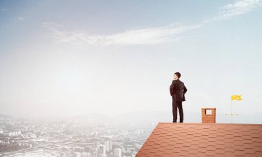 evin çatısında duran işadamı