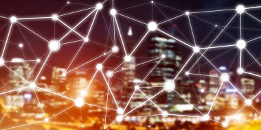 İletişim ve ağ bağlantı çizgileri koyu zemin üzerinde şeklinde aracı olarak modern kablosuz teknolojiler