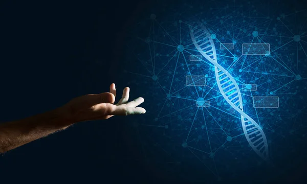 Бизнесмен представляет исследование молекул ДНК — стоковое фото